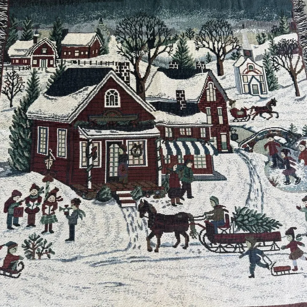 Vintage Christmas Woven Throw Blanket Winter Village Tapestry Fringe 47x53